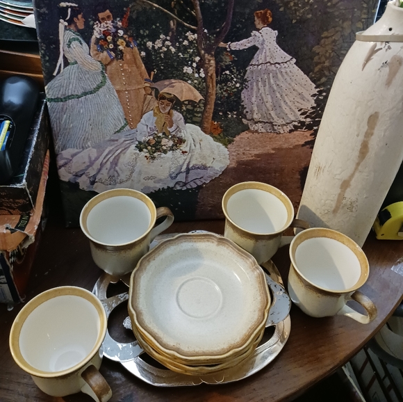 80's Mikasa WHOLE WHEAT Cream Center Brown Edge Stoneware Cups&Saucers Set 4. - Picture 15 of 16